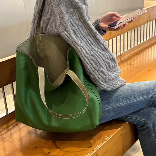 PD1095] 36cm Large Top-Grain Cowhide Leather Tote Bag, Double-Sided Shoulder Bag PD1095