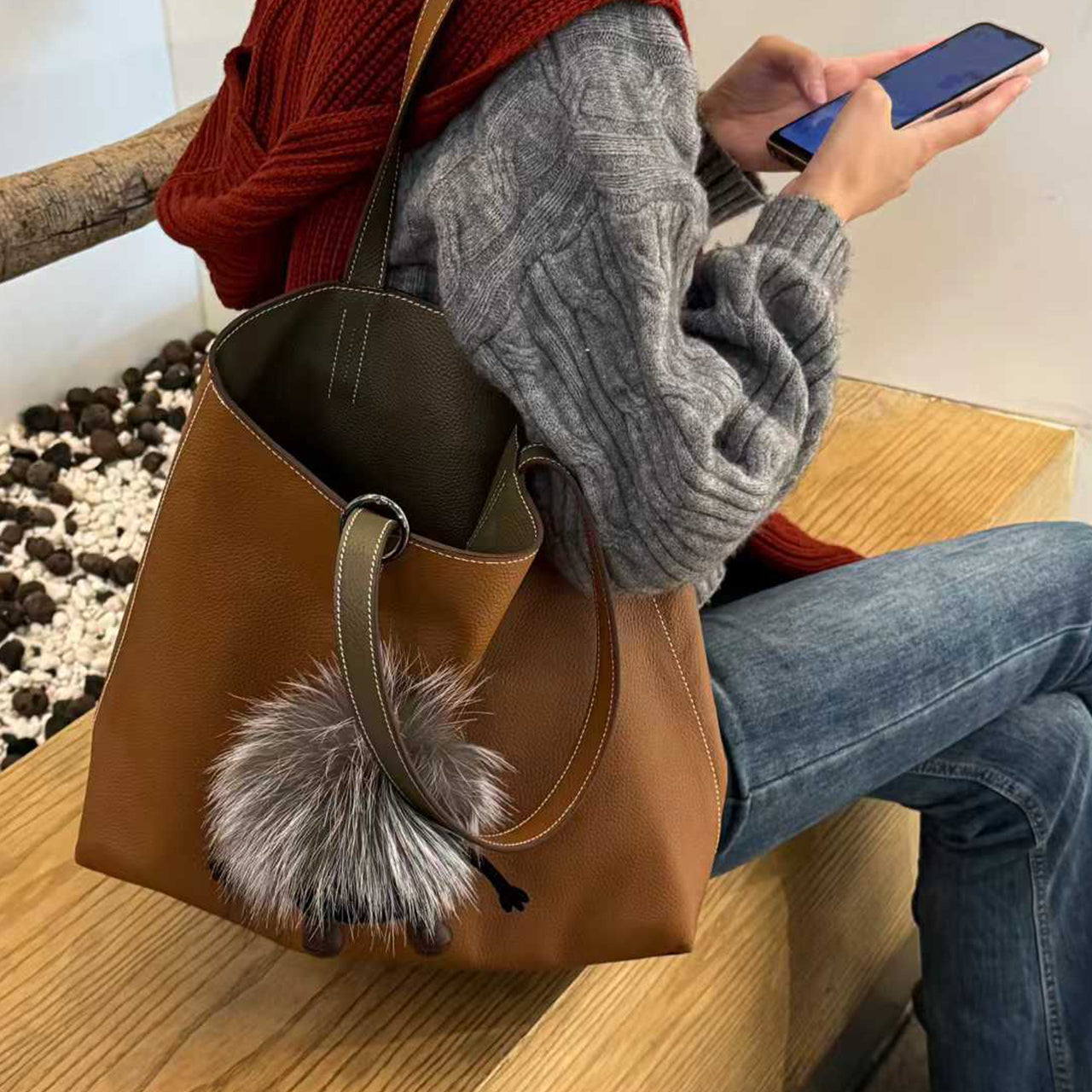 PD1095] 36cm Large Top-Grain Cowhide Leather Tote Bag, Double-Sided Shoulder Bag PD1095