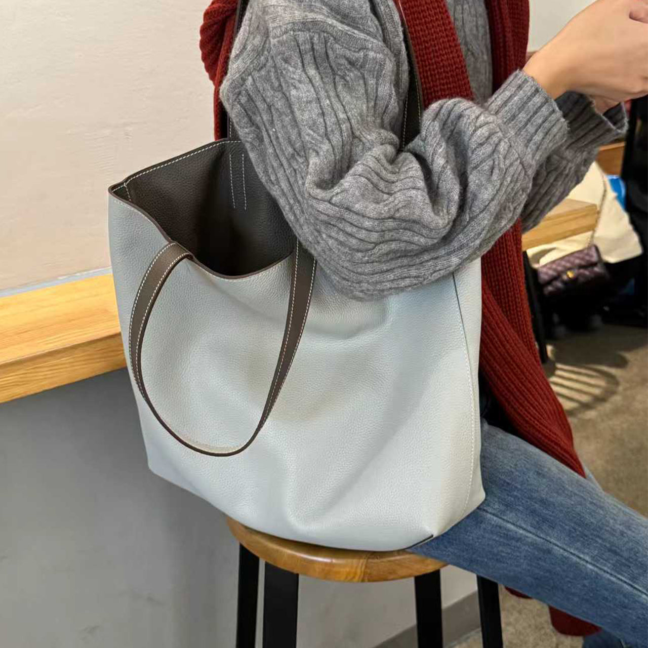 PD1095] 36cm Large Top-Grain Cowhide Leather Tote Bag, Double-Sided Shoulder Bag PD1095