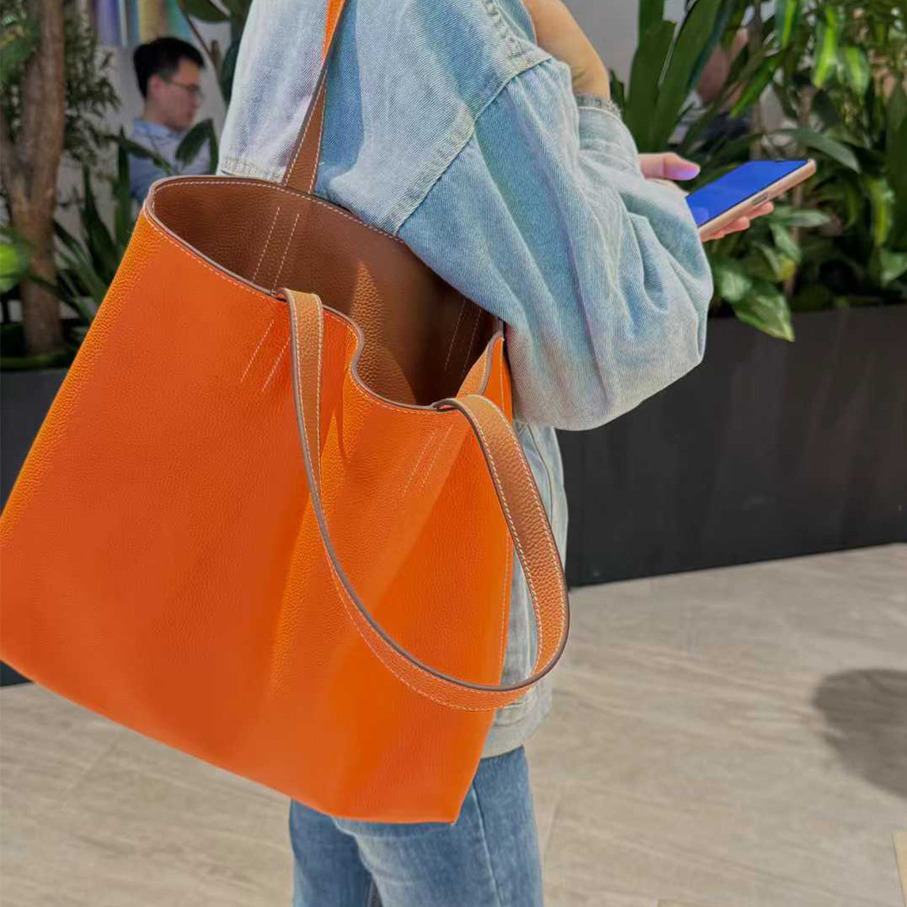 PD1095] 36cm Large Top-Grain Cowhide Leather Tote Bag, Double-Sided Shoulder Bag PD1095