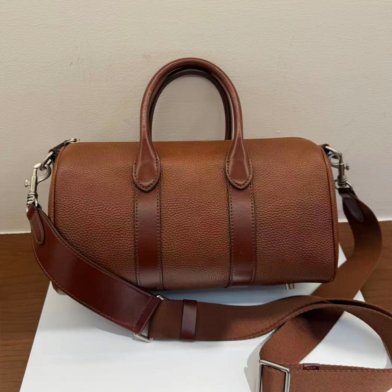 [PD1132] Luxury grade barenia leather size 29cm Boston bag can fit long wallet cowhide shoulder crossbody bag matte silver hardware  PD1132