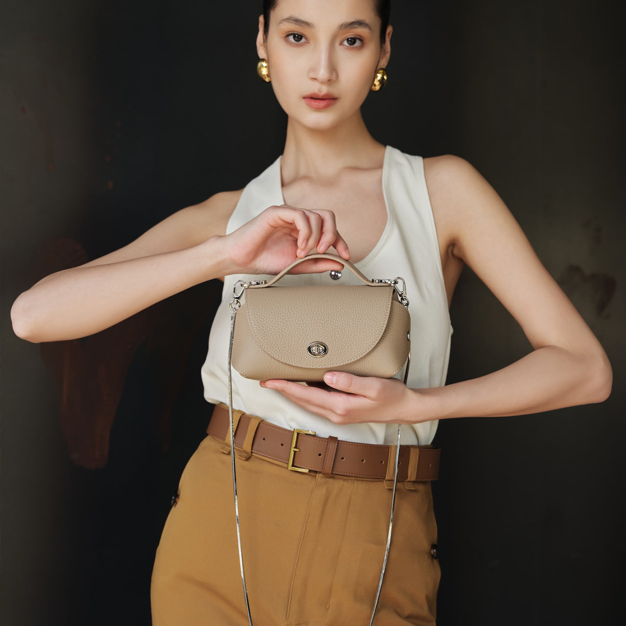 [PD1138] 19cm Italian TC Top Grain Leather Mini Soft Flap Chain Bag, Handmade 2-Way Crossbody Handbag for Women, Durable for Hot Humid Weather PD1138