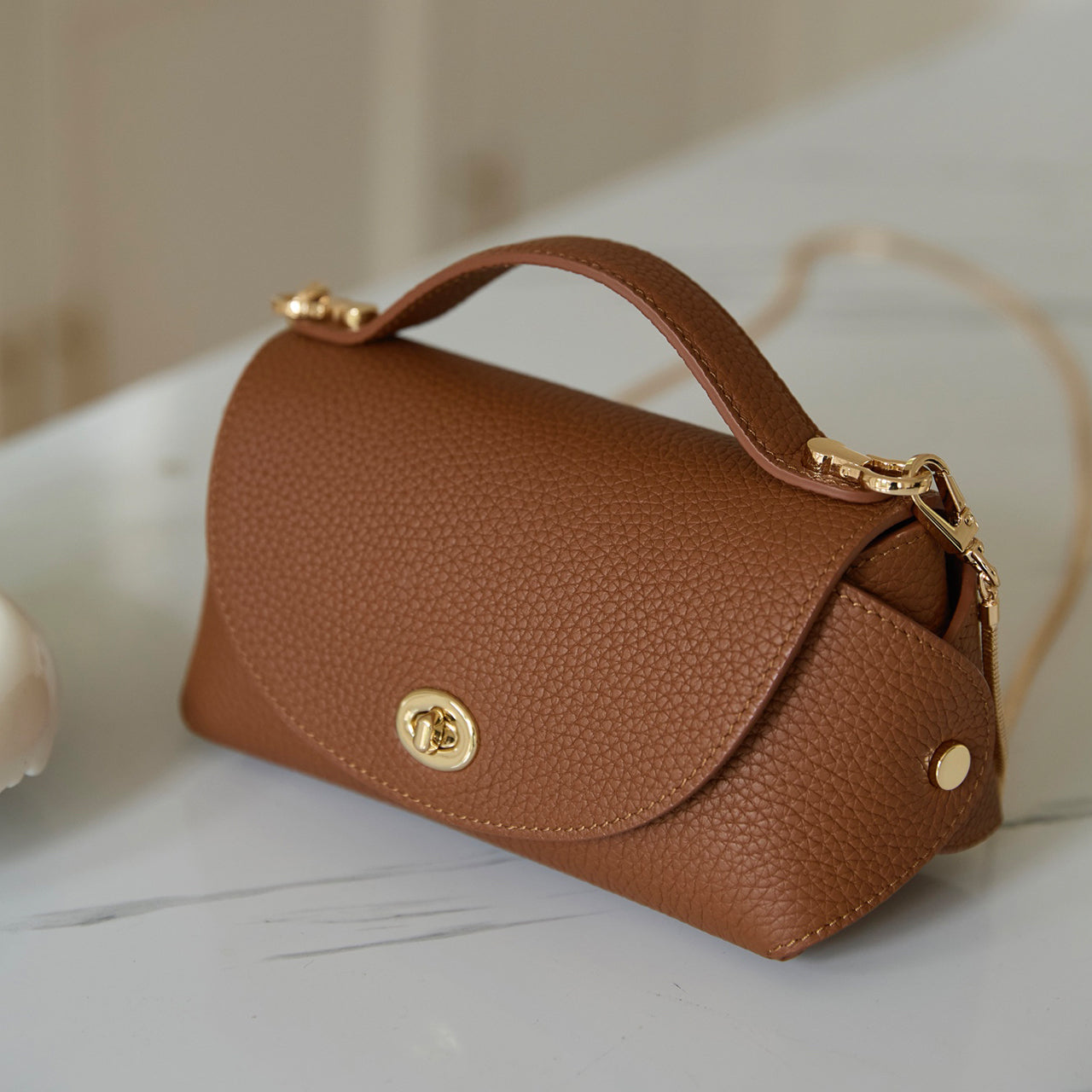 [PD1138] 19cm Italian TC Top Grain Leather Mini Soft Flap Chain Bag, Handmade 2-Way Crossbody Handbag for Women, Durable for Hot Humid Weather PD1138