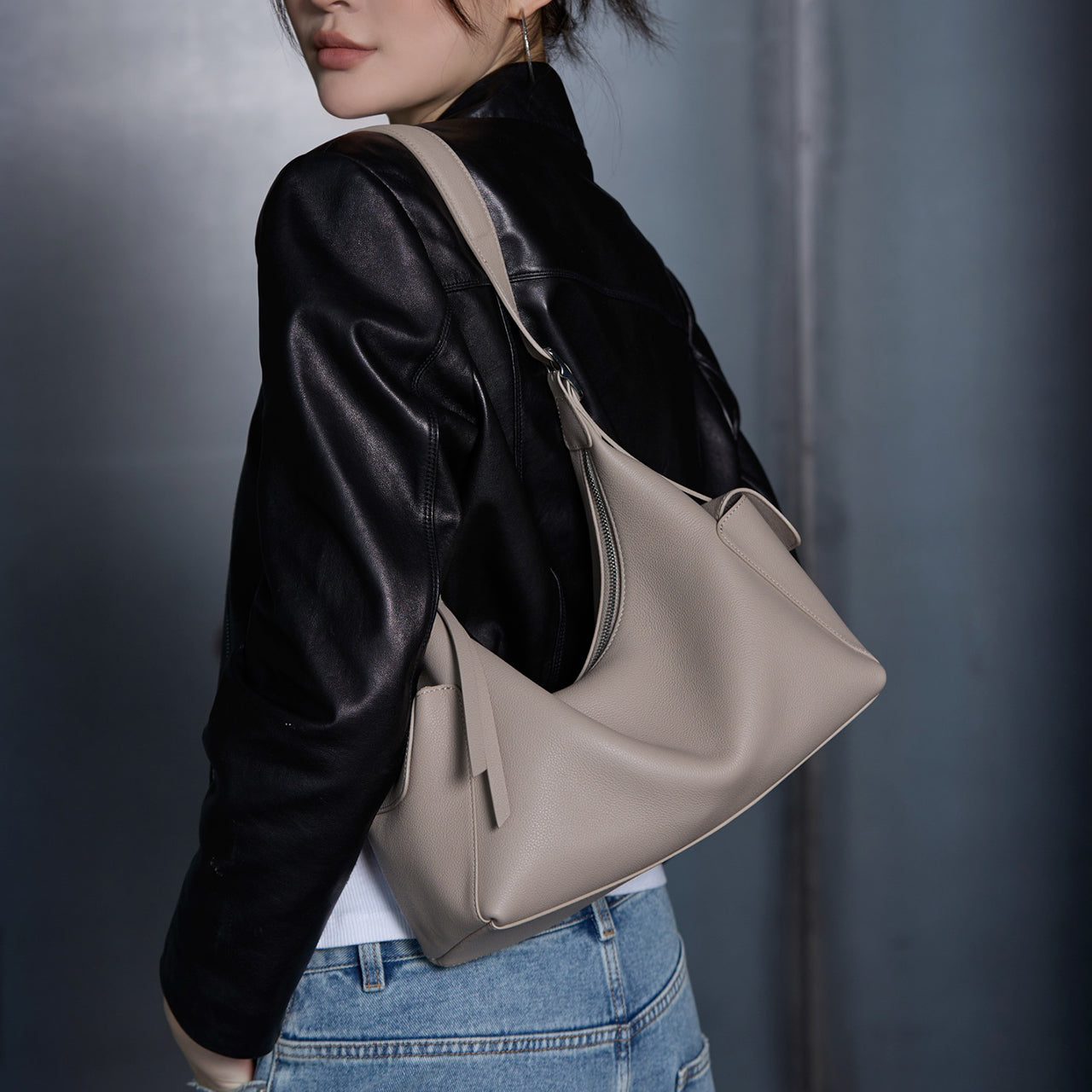 [PD1144] Premium Top-Grain Cowhide Leather Shoulder/Crossbody Hobo Bag, Lychee Texture, Large Size PD1144