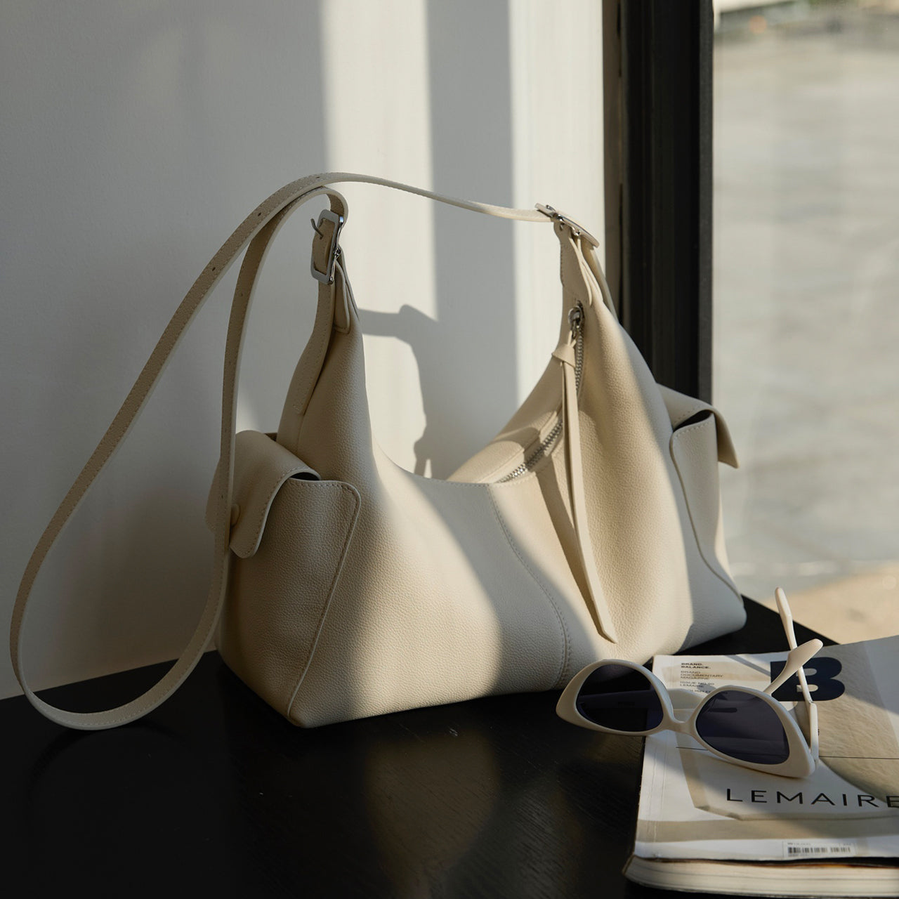 [PD1144] Premium Top-Grain Cowhide Leather Shoulder/Crossbody Hobo Bag, Lychee Texture, Large Size PD1144