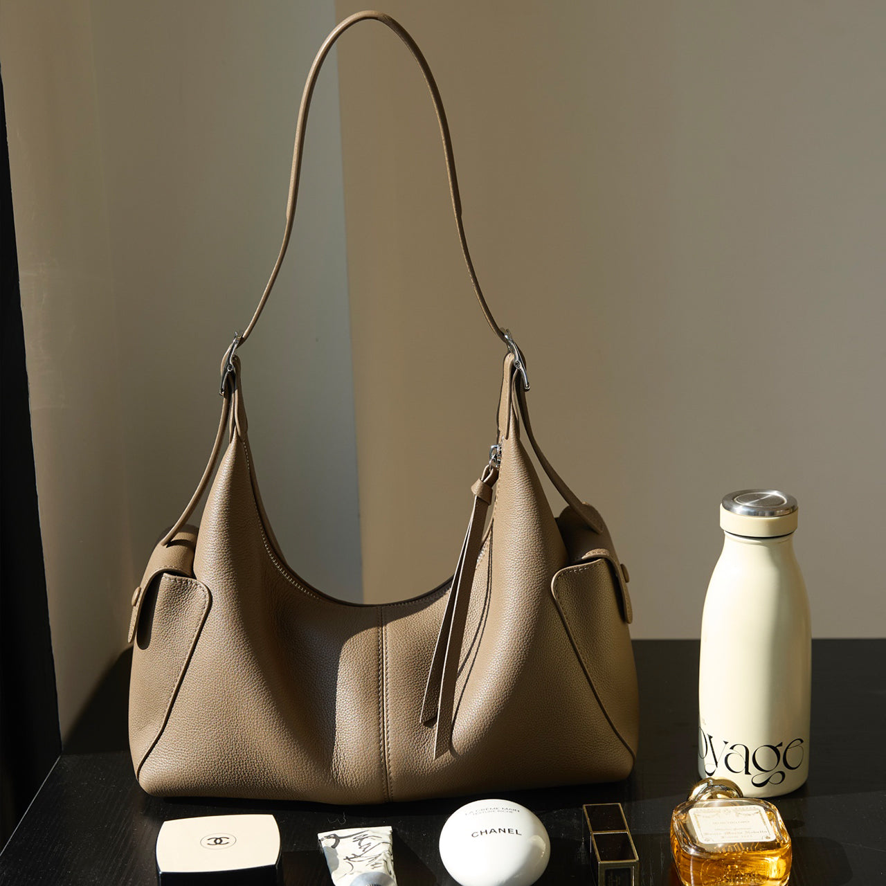 [PD1144] Premium Top-Grain Cowhide Leather Shoulder/Crossbody Hobo Bag, Lychee Texture, Large Size PD1144