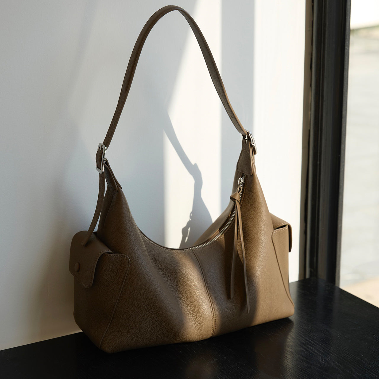[PD1144] Premium Top-Grain Cowhide Leather Shoulder/Crossbody Hobo Bag, Lychee Texture, Large Size PD1144