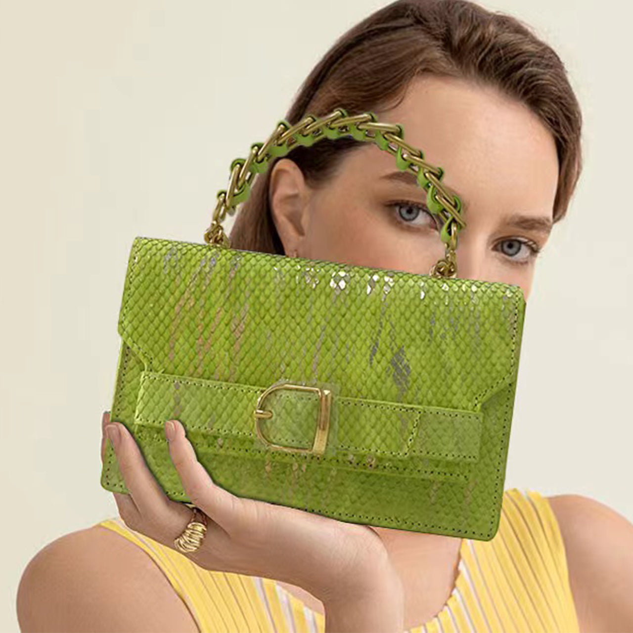 [PD1148] Original designed Premium Cowhide Leather Snake Pattern Flap Top Handle Bag with Chain Shoulder Strap, Top Grain Genuine Leather Shoulder & Crossbody Bag for Women PD1148
