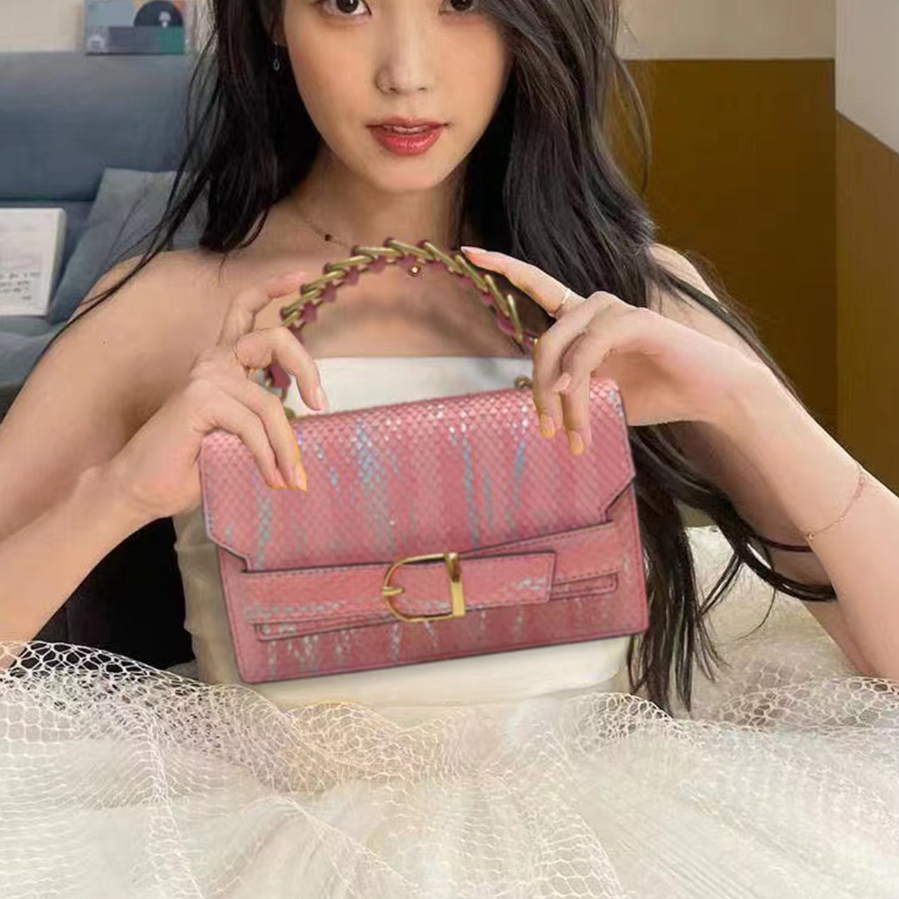 [PD1148] Original designed Premium Cowhide Leather Snake Pattern Flap Top Handle Bag with Chain Shoulder Strap, Top Grain Genuine Leather Shoulder & Crossbody Bag for Women PD1148