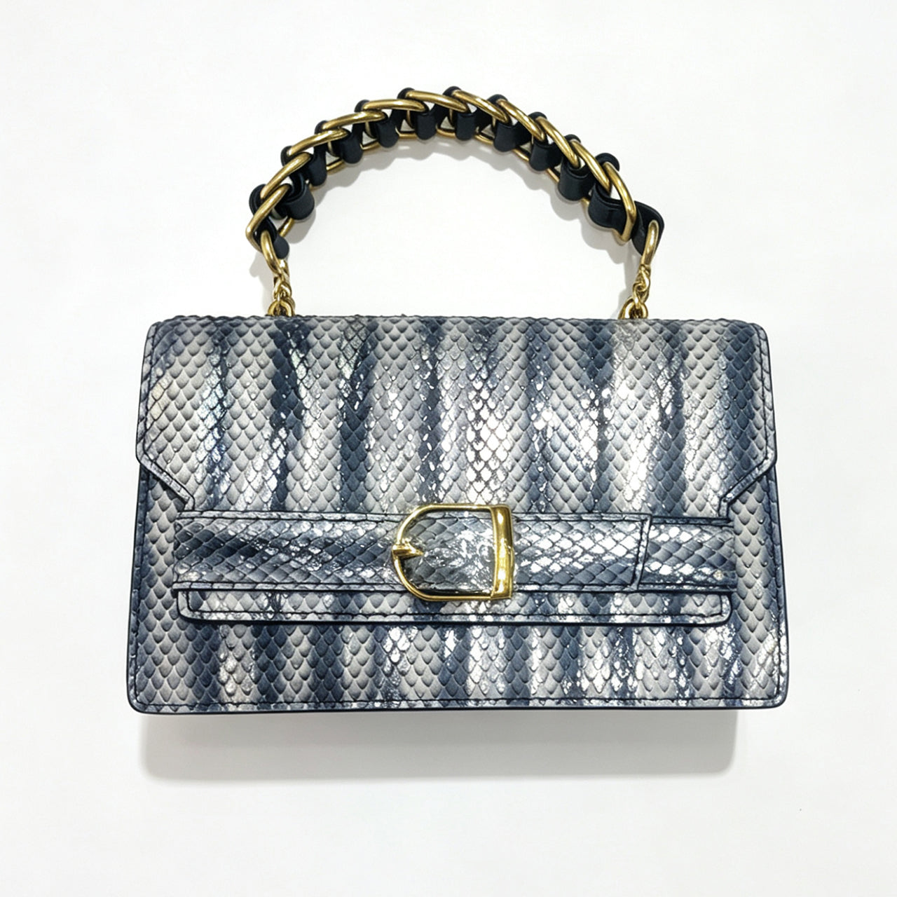 [PD1148] Original designed Premium Cowhide Leather Snake Pattern Flap Top Handle Bag with Chain Shoulder Strap, Top Grain Genuine Leather Shoulder & Crossbody Bag for Women PD1148