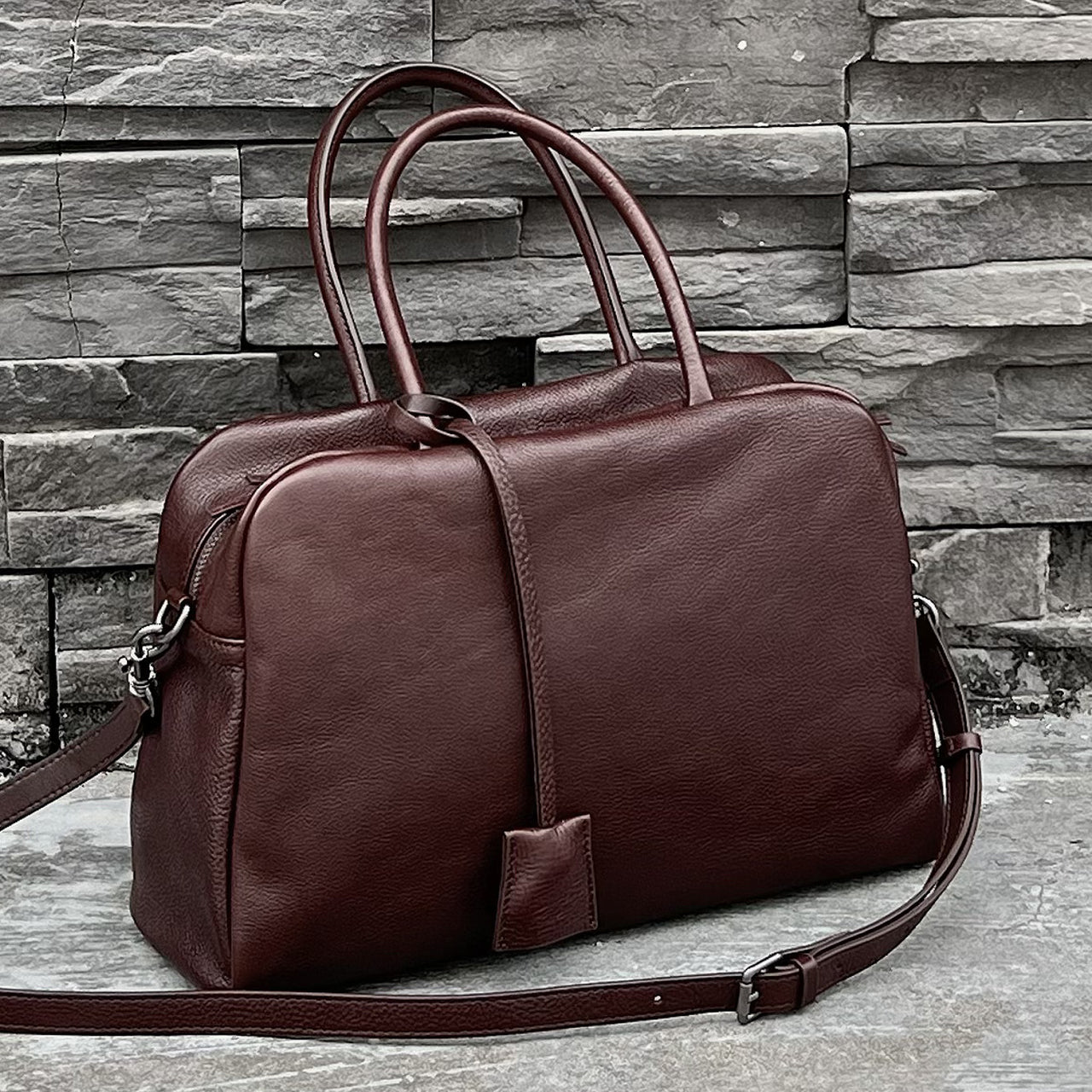 [PD1149] Water-Dyed Vegetable-Tanned Bovine Leather Bowling Bag, Large, Top-Grain Leather Handbag/Shoulder Bag/Crossbody Bag PD1149
