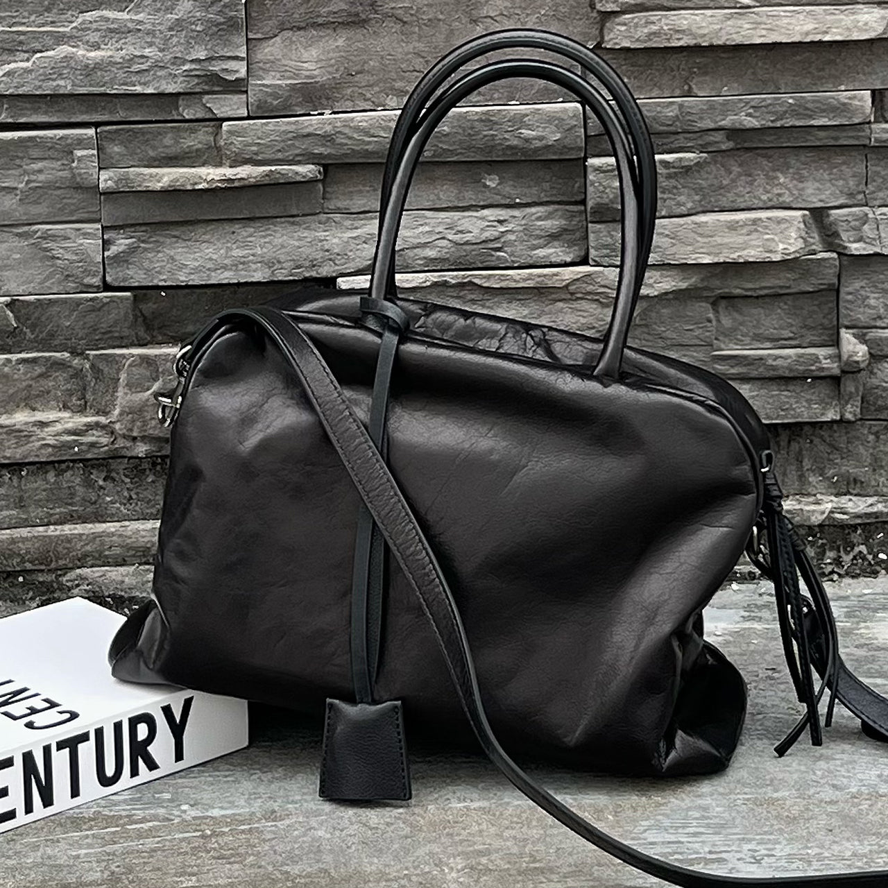 [PD1149] Water-Dyed Vegetable-Tanned Bovine Leather Bowling Bag, Large, Top-Grain Leather Handbag/Shoulder Bag/Crossbody Bag PD1149