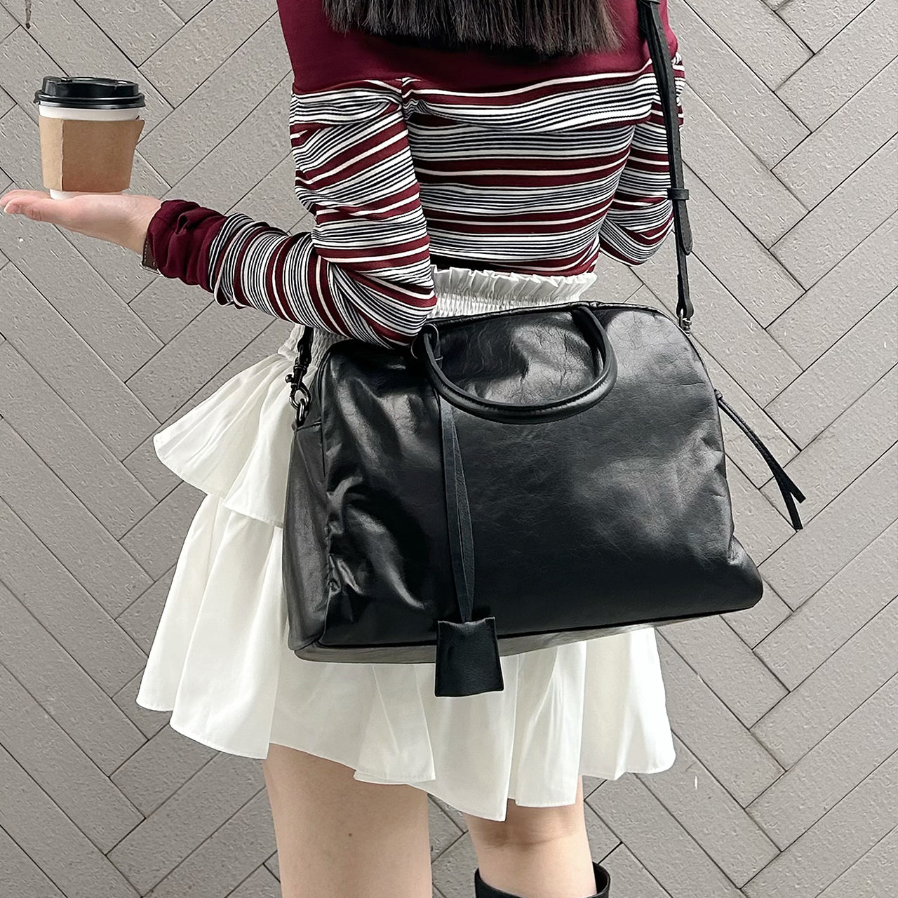 [PD1149] Water-Dyed Vegetable-Tanned Bovine Leather Bowling Bag, Large, Top-Grain Leather Handbag/Shoulder Bag/Crossbody Bag PD1149