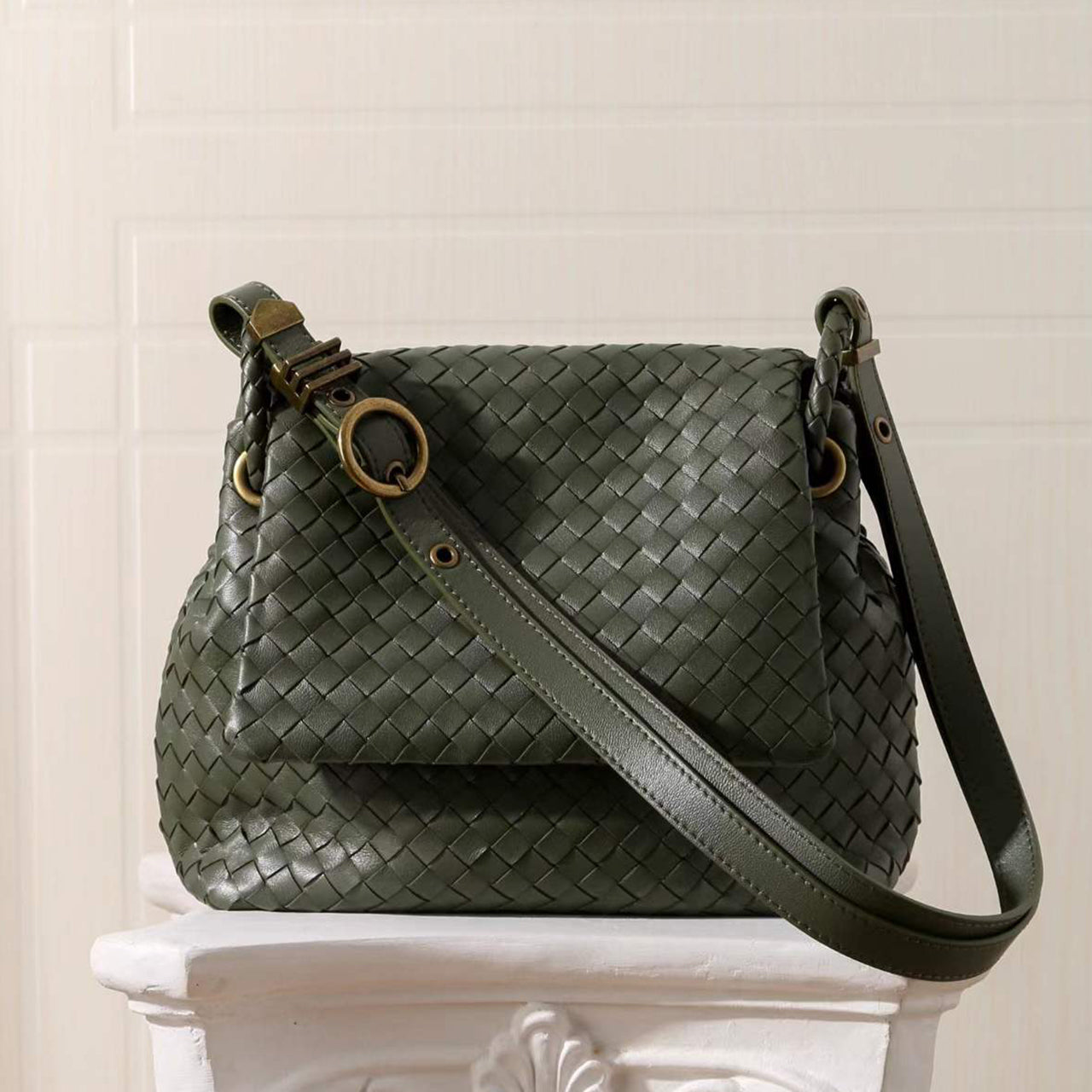 [PD1162] Sheepskin Leather Woven Flap Bag, Large Capacity Soft Genuine Leather Shoulder Crossbody Sling Bag PD1162