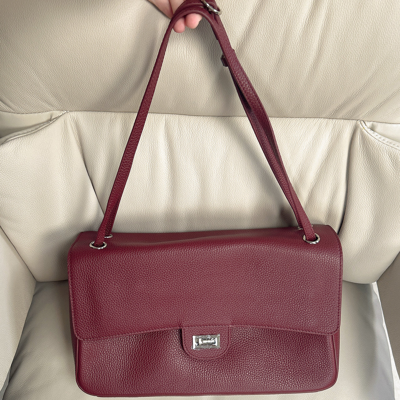 [PD1177] Women's Full Grain Leather Flap Shoulder & Crossbody Bag, Large Capacity, Togo Leather PD1177