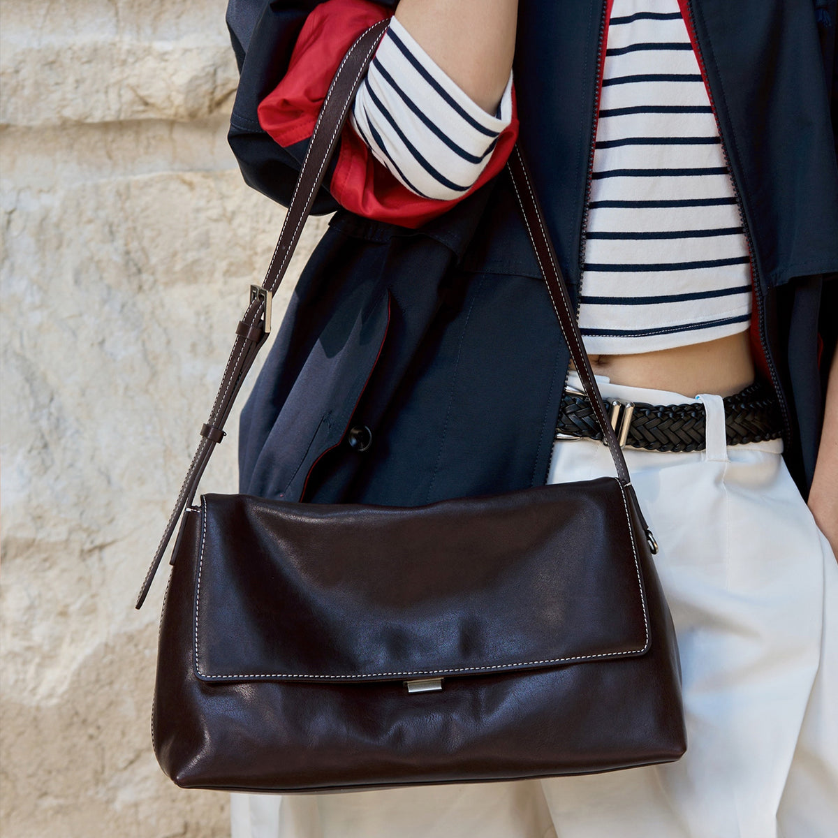 [PD1187] Women's Full-Grain Vegetable-Tanned Cowhide Leather Flap Handbag with Shoulder & Crossbody Sling Strap PD1187