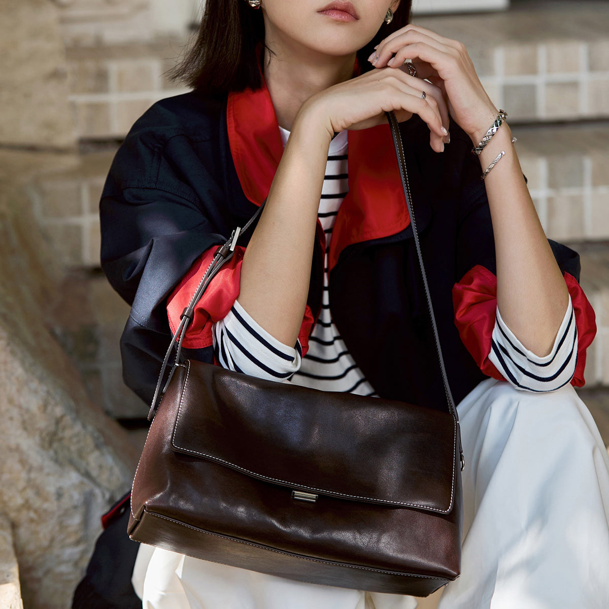 [PD1187] Women's Full-Grain Vegetable-Tanned Cowhide Leather Flap Handbag with Shoulder & Crossbody Sling Strap PD1187