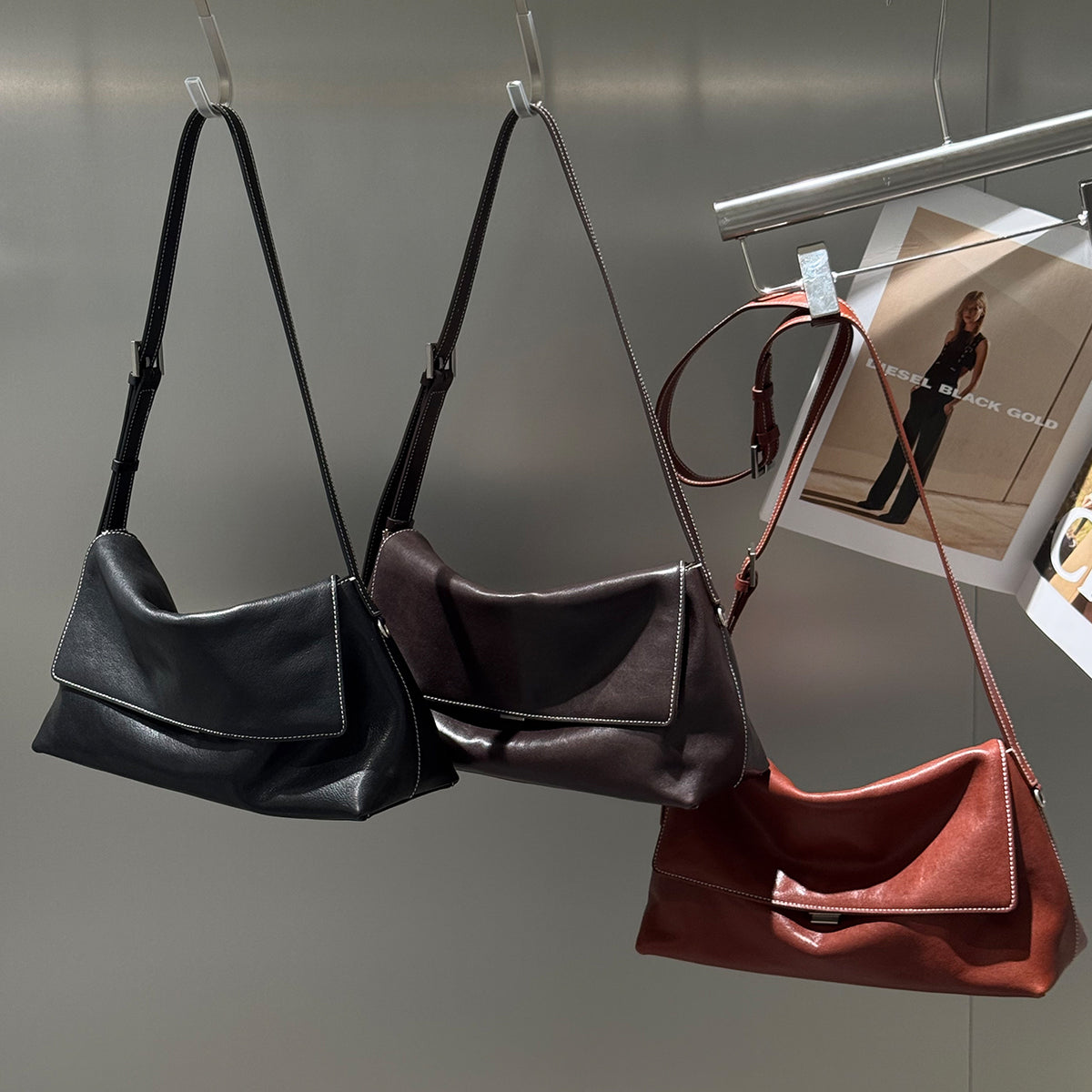 [PD1187] Women's Full-Grain Vegetable-Tanned Cowhide Leather Flap Handbag with Shoulder & Crossbody Sling Strap PD1187