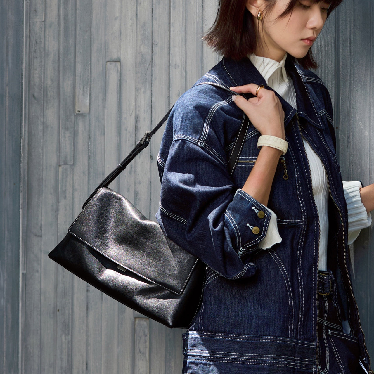 [PD1187] Women's Full-Grain Vegetable-Tanned Cowhide Leather Flap Handbag with Shoulder & Crossbody Sling Strap PD1187