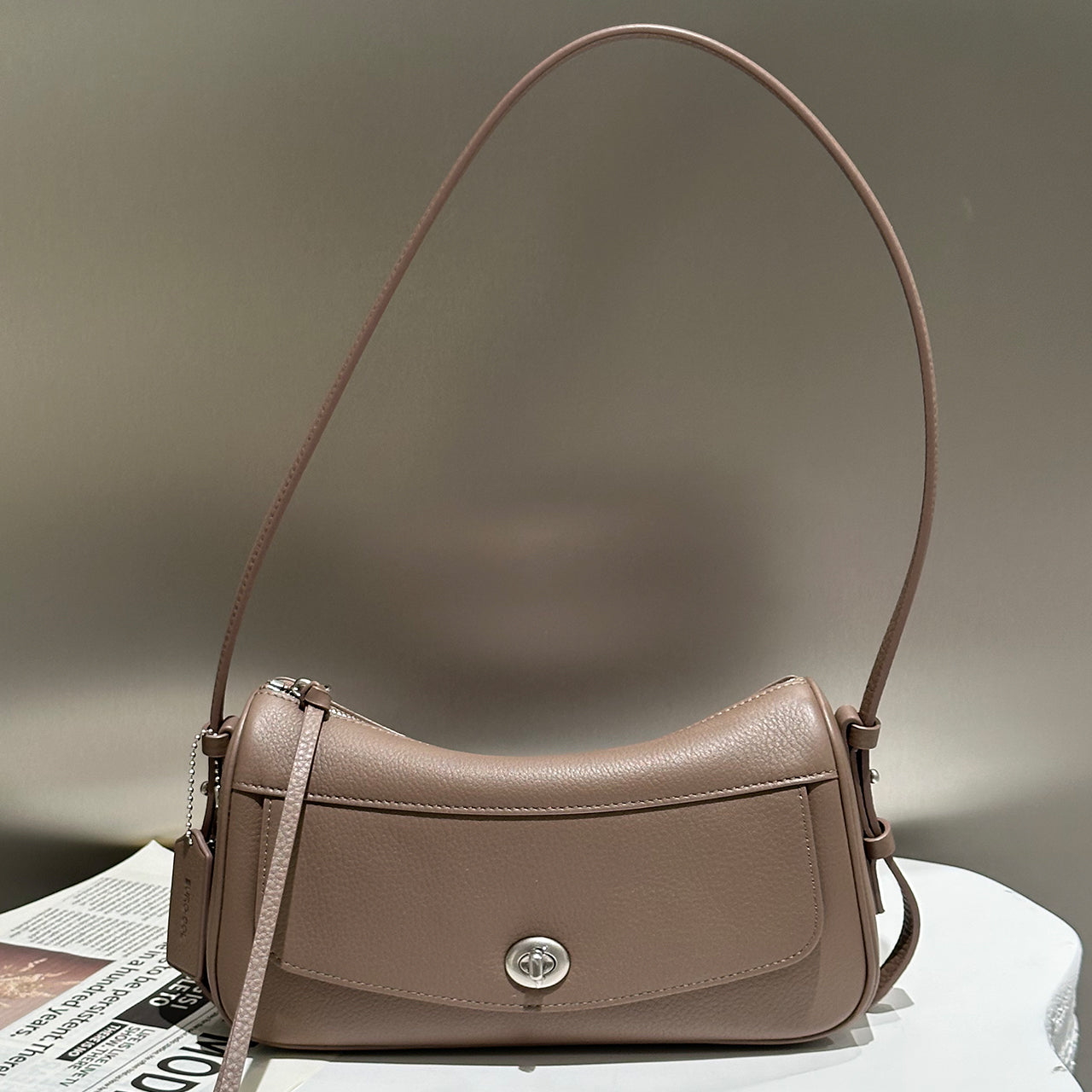 [PD1194] Women's Genuine Leather Top-Layer Deer-Grain Hobo Shoulder Bag, 2-in-1 Adjustable Straps, 26.5cm Crescent Baguette Crossbody Bag for Daily Commute