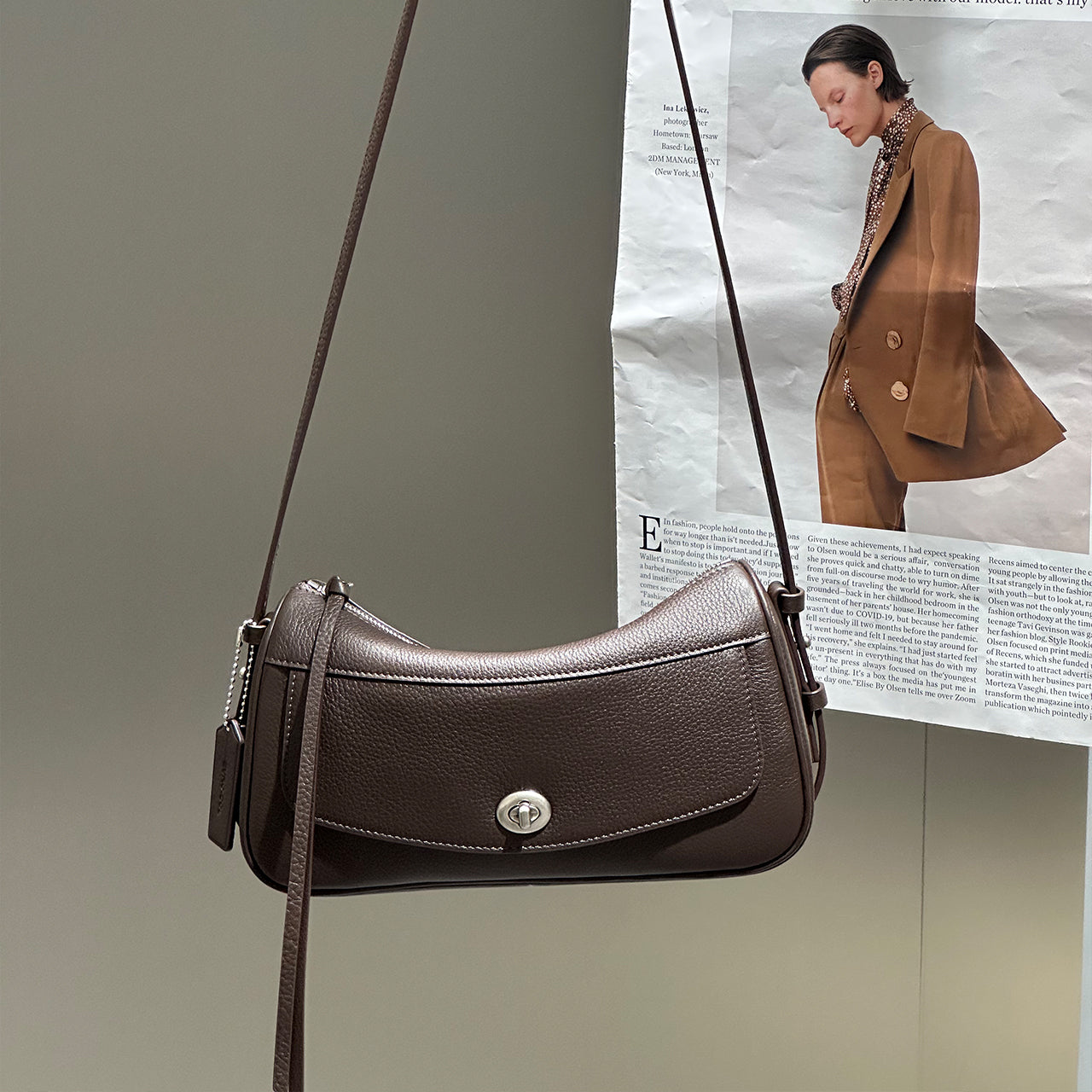 [PD1194] Women's Genuine Leather Top-Layer Deer-Grain Hobo Shoulder Bag, 2-in-1 Adjustable Straps, 26.5cm Crescent Baguette Crossbody Bag for Daily Commute
