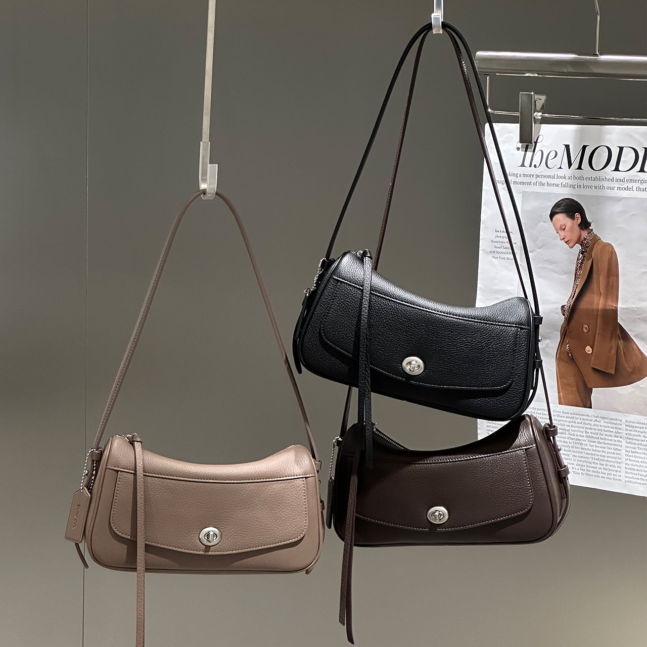 [PD1194] Women's Genuine Leather Top-Layer Deer-Grain Hobo Shoulder Bag, 2-in-1 Adjustable Straps, 26.5cm Crescent Baguette Crossbody Bag for Daily Commute