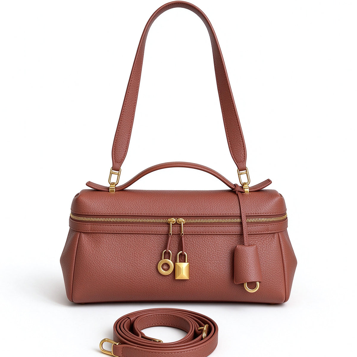 [PD1211] Women's All Leather Full Grain Pebbled Cowhide Handbag with Sheep Leather Lining – Multi Way Gold Lock Crossbody Bag with Detachable Straps PD1211