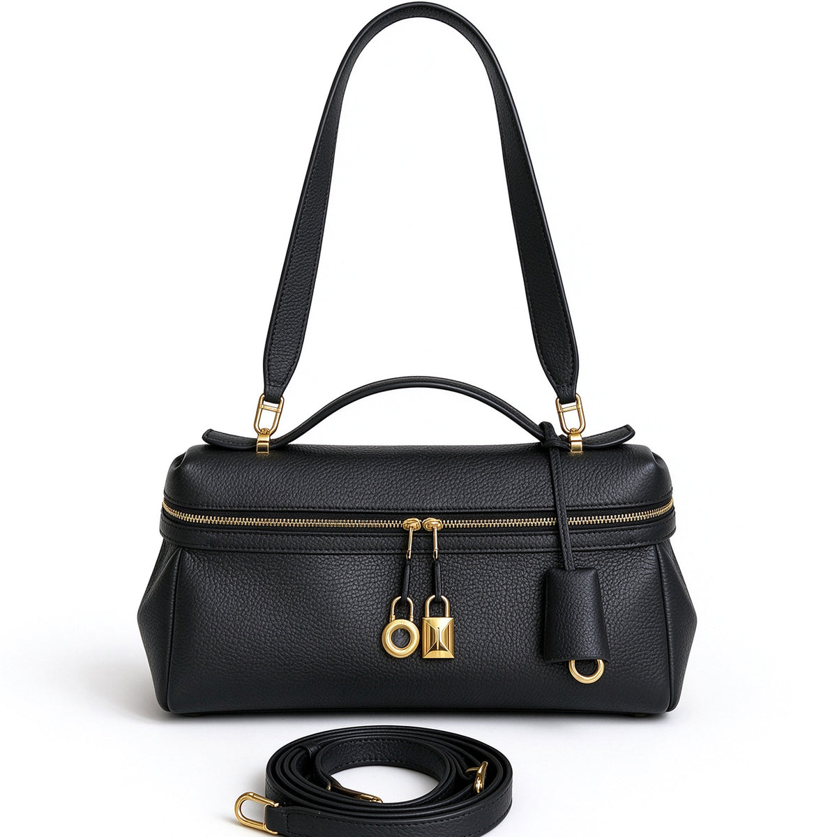 [PD1211] Women's All Leather Full Grain Pebbled Cowhide Handbag with Sheep Leather Lining – Multi Way Gold Lock Crossbody Bag with Detachable Straps PD1211