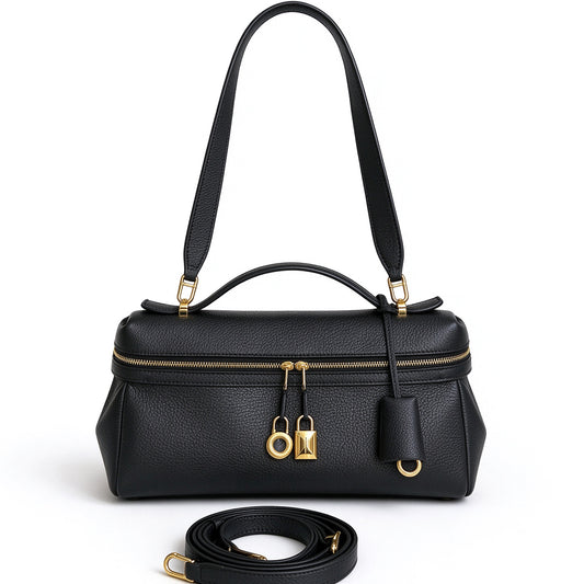 [PD1211] Women's All Leather Full Grain Pebbled Cowhide Handbag with Sheep Leather Lining – Multi Way Gold Lock Crossbody Bag with Detachable Straps PD1211