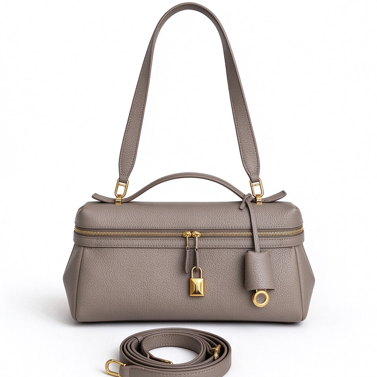 [PD1211] Women's All Leather Full Grain Pebbled Cowhide Handbag with Sheep Leather Lining – Multi Way Gold Lock Crossbody Bag with Detachable Straps PD1211