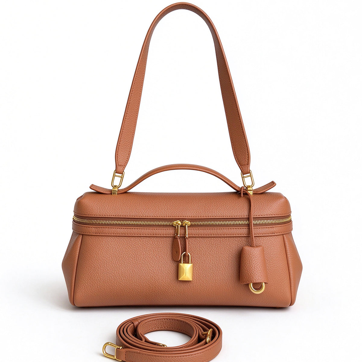 [PD1211] Women's All Leather Full Grain Pebbled Cowhide Handbag with Sheep Leather Lining – Multi Way Gold Lock Crossbody Bag with Detachable Straps PD1211