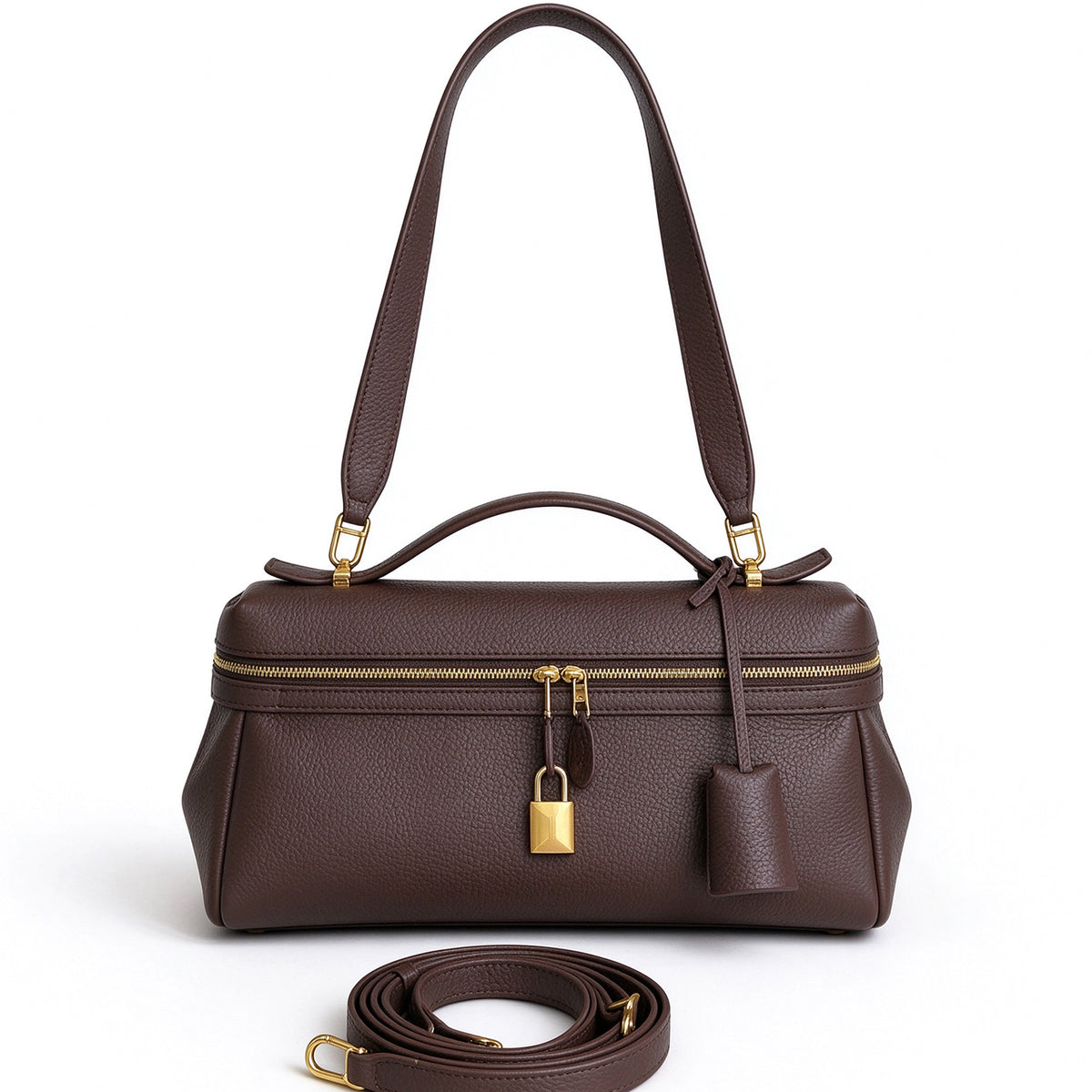 [PD1211] Women's All Leather Full Grain Pebbled Cowhide Handbag with Sheep Leather Lining – Multi Way Gold Lock Crossbody Bag with Detachable Straps PD1211