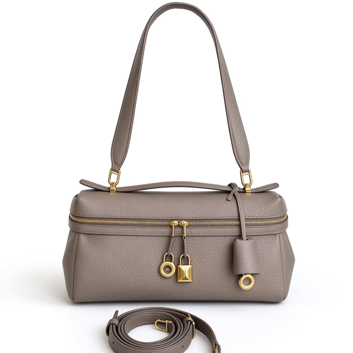 [PD1211] Women's All Leather Full Grain Pebbled Cowhide Handbag with Sheep Leather Lining – Multi Way Gold Lock Crossbody Bag with Detachable Straps PD1211