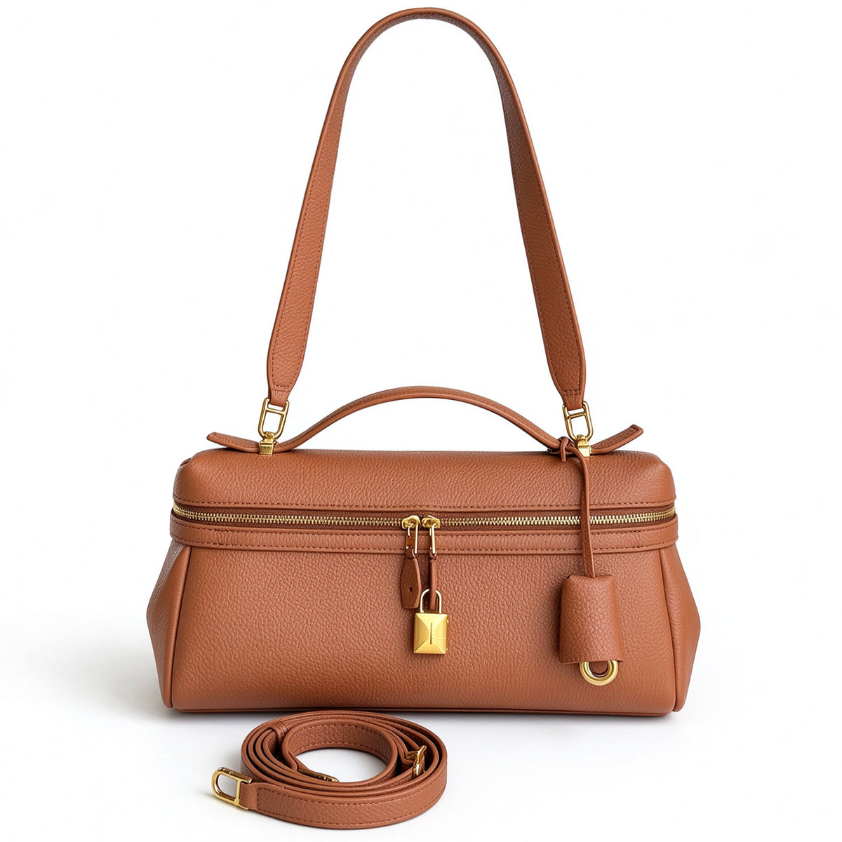 [PD1211] Women's All Leather Full Grain Pebbled Cowhide Handbag with Sheep Leather Lining – Multi Way Gold Lock Crossbody Bag with Detachable Straps PD1211