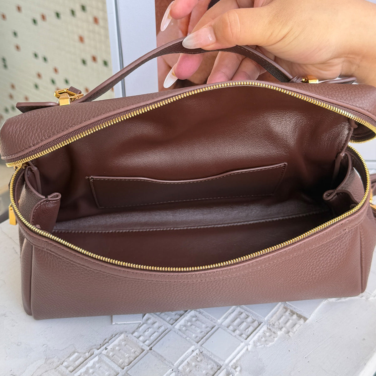 [PD1211] Women's All Leather Full Grain Pebbled Cowhide Handbag with Sheep Leather Lining – Multi Way Gold Lock Crossbody Bag with Detachable Straps PD1211