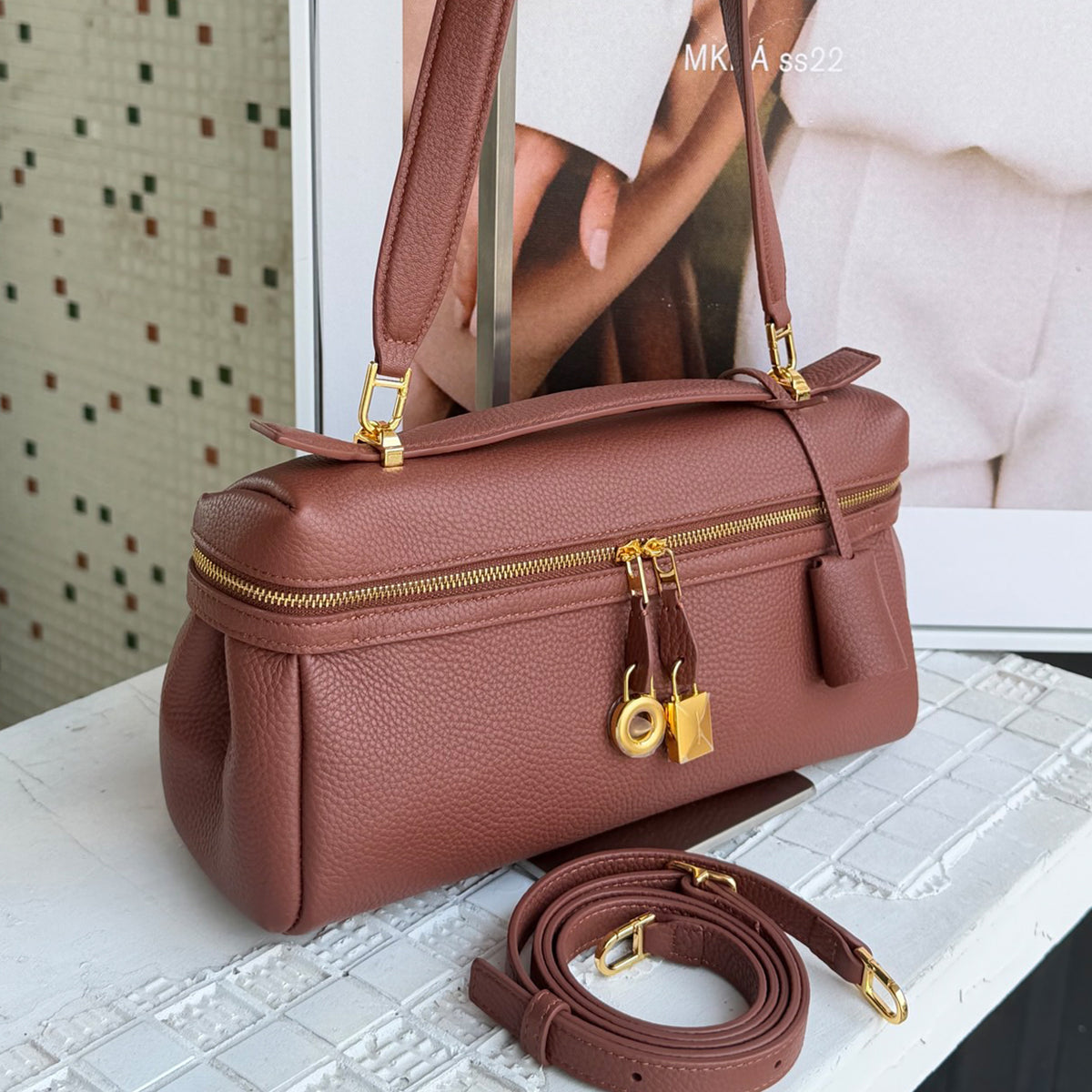[PD1211] Women's All Leather Full Grain Pebbled Cowhide Handbag with Sheep Leather Lining – Multi Way Gold Lock Crossbody Bag with Detachable Straps PD1211
