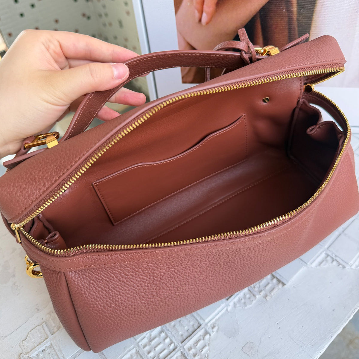 [PD1211] Women's All Leather Full Grain Pebbled Cowhide Handbag with Sheep Leather Lining – Multi Way Gold Lock Crossbody Bag with Detachable Straps PD1211