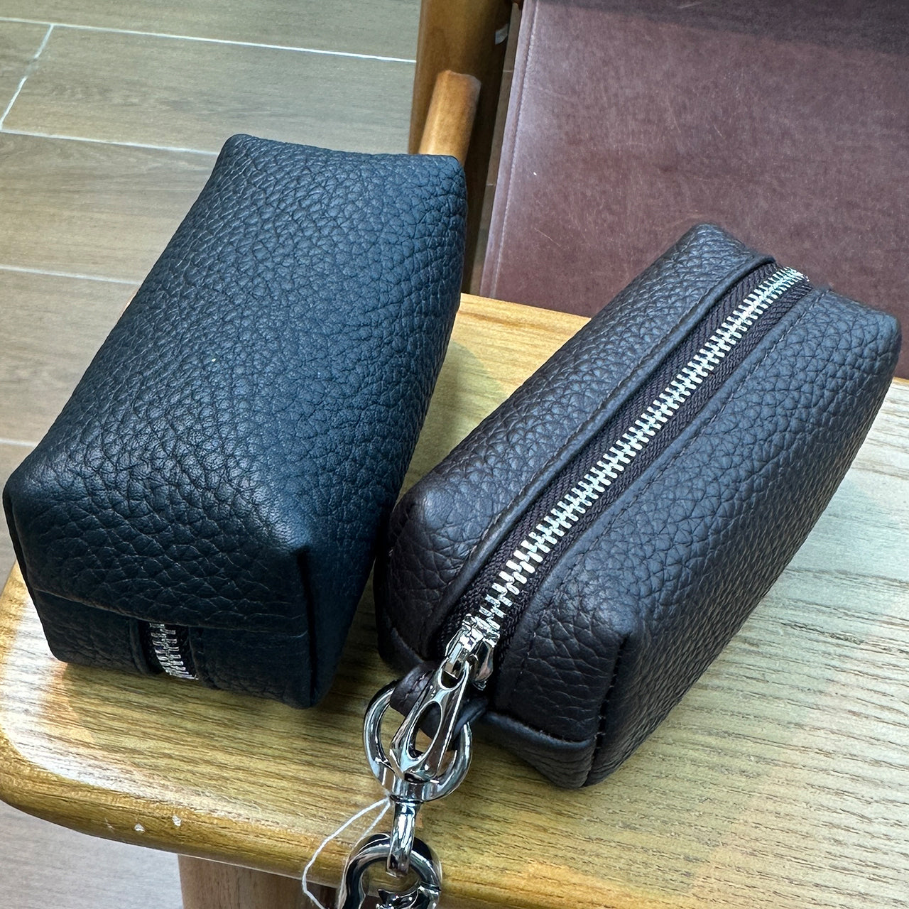 [PZ0010] Cream Strip Cow Leather Divider Storage Pouch, Litchi Grain Mini Key Lipstick Earbud Bag, Portable Insert Purse Matches Large Handbags for Internal Organization PZ0010