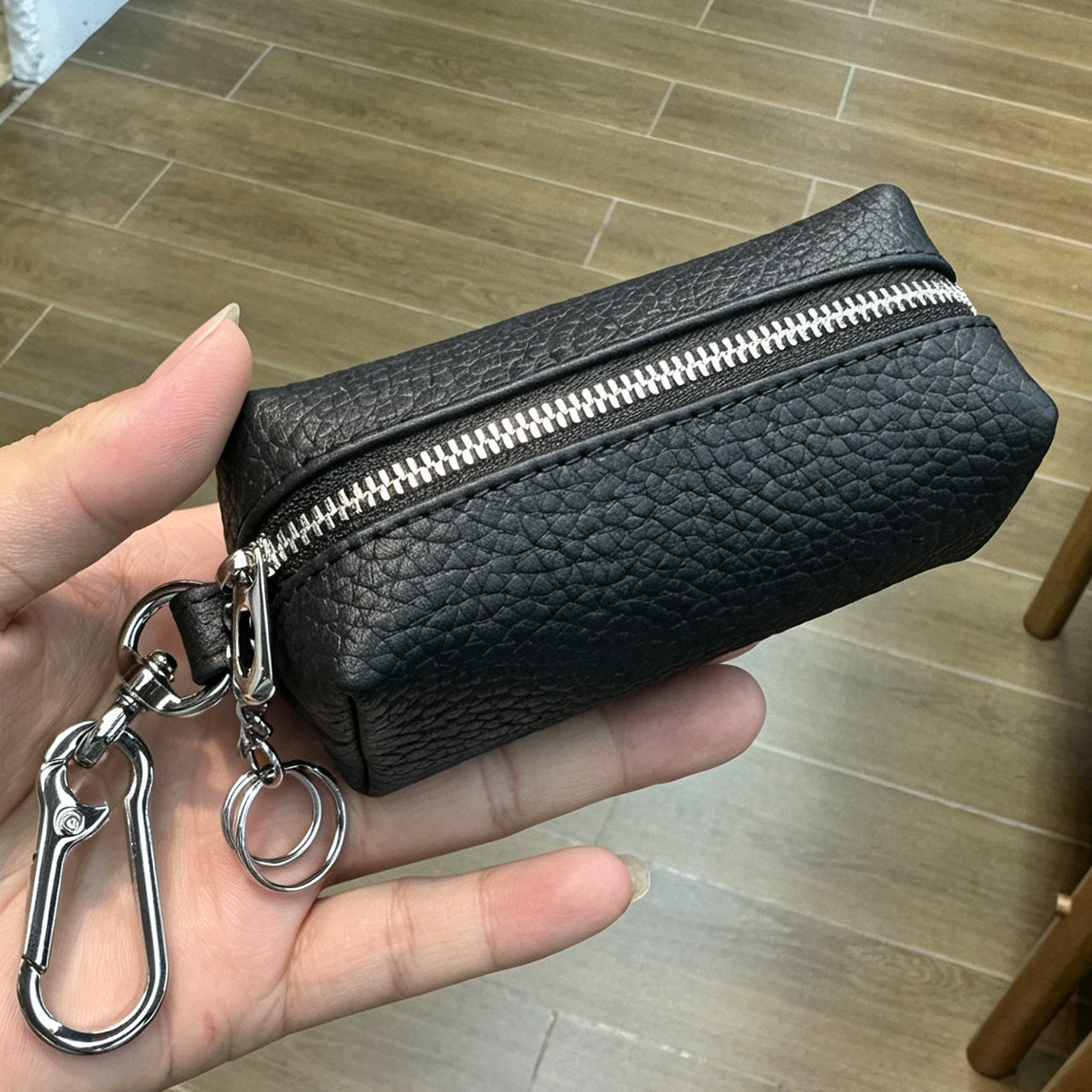 [PZ0010] Cream Strip Cow Leather Divider Storage Pouch, Litchi Grain Mini Key Lipstick Earbud Bag, Portable Insert Purse Matches Large Handbags for Internal Organization PZ0010