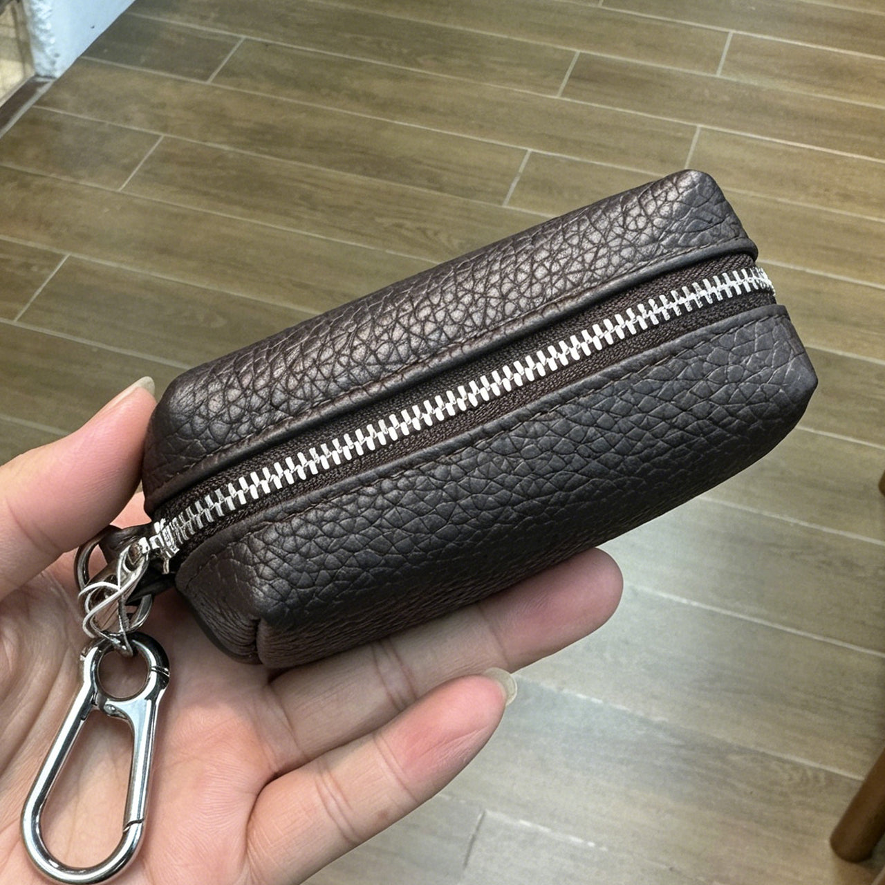[PZ0010] Cream Strip Cow Leather Divider Storage Pouch, Litchi Grain Mini Key Lipstick Earbud Bag, Portable Insert Purse Matches Large Handbags for Internal Organization PZ0010
