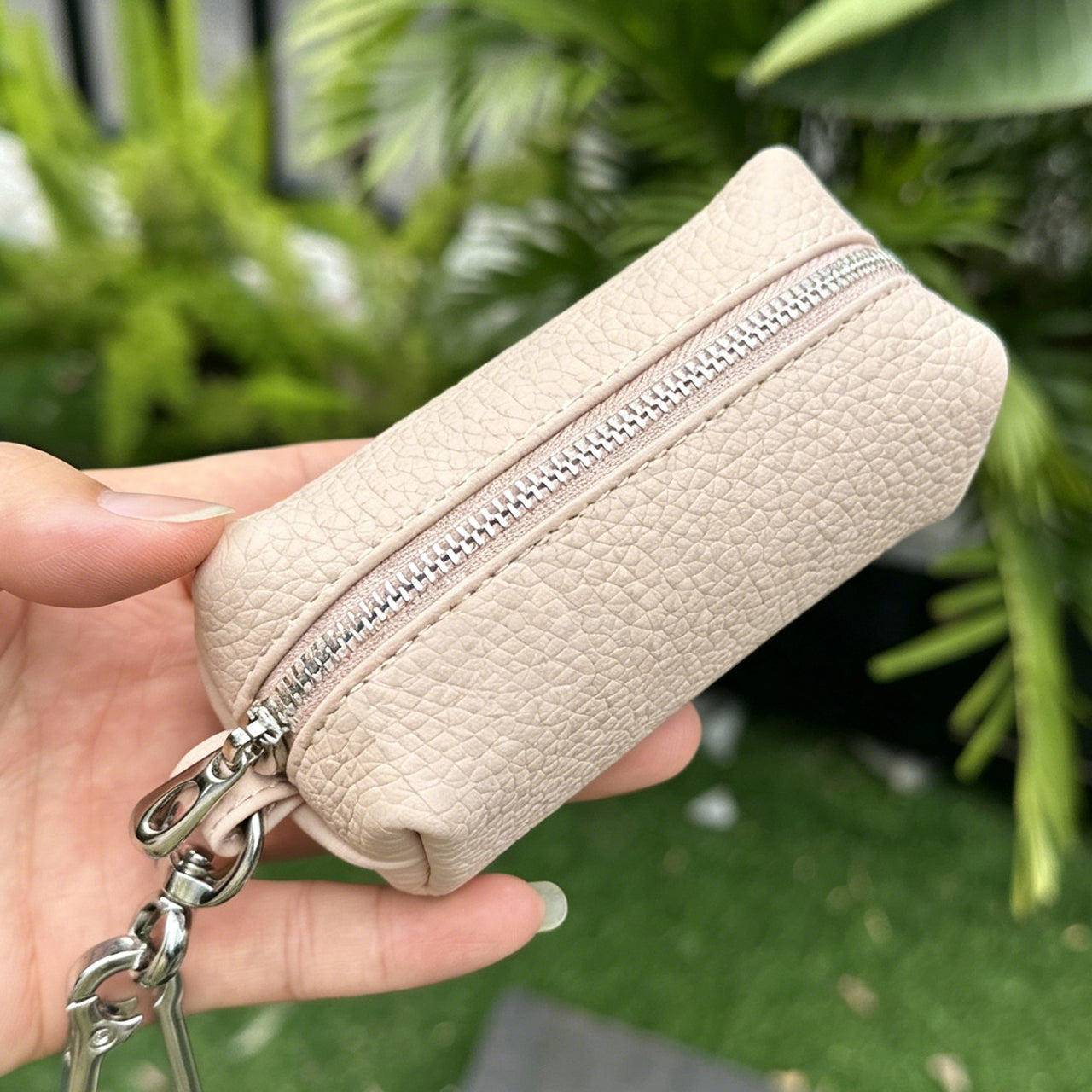 [PZ0010] Cream Strip Cow Leather Divider Storage Pouch, Litchi Grain Mini Key Lipstick Earbud Bag, Portable Insert Purse Matches Large Handbags for Internal Organization PZ0010