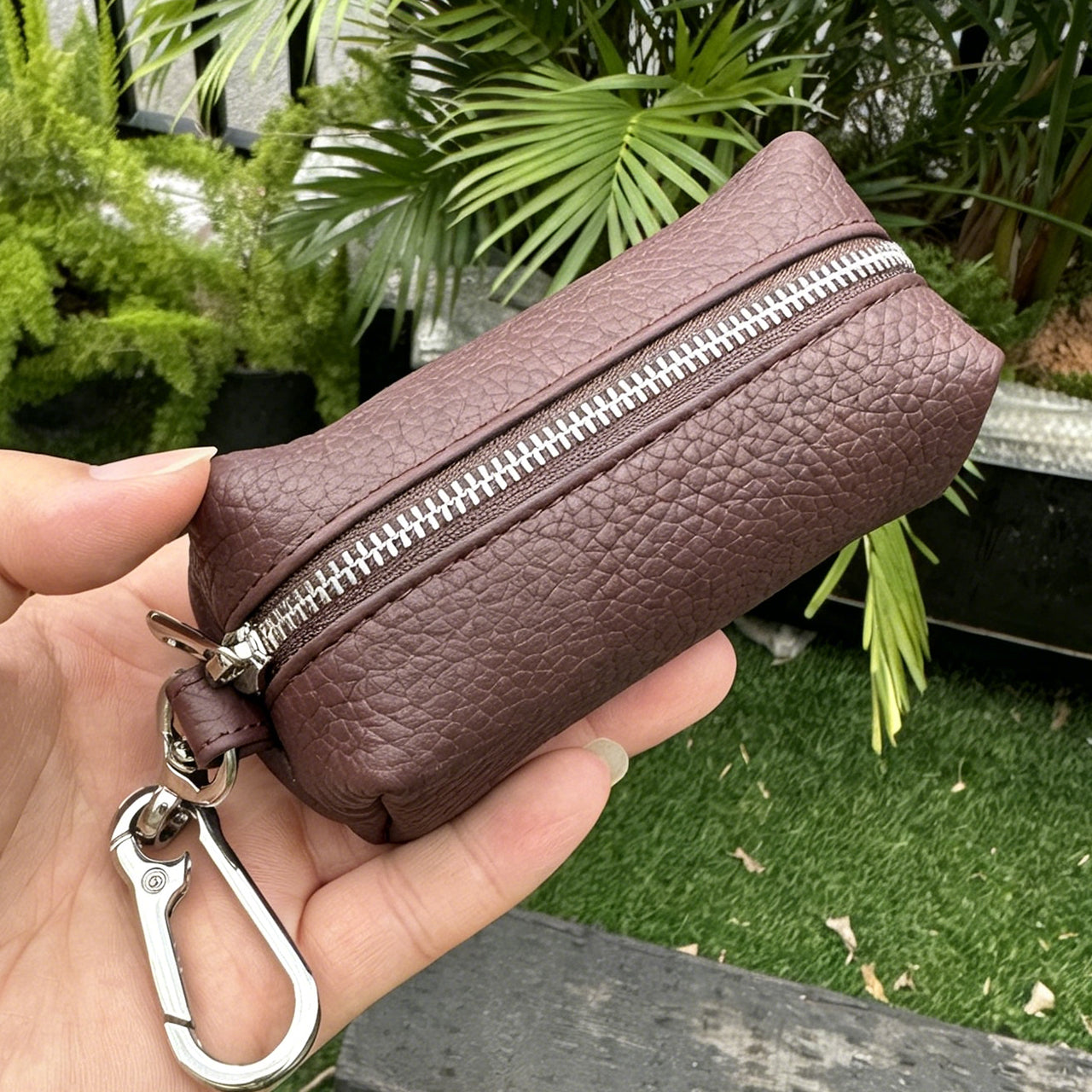 [PZ0010] Cream Strip Cow Leather Divider Storage Pouch, Litchi Grain Mini Key Lipstick Earbud Bag, Portable Insert Purse Matches Large Handbags for Internal Organization PZ0010